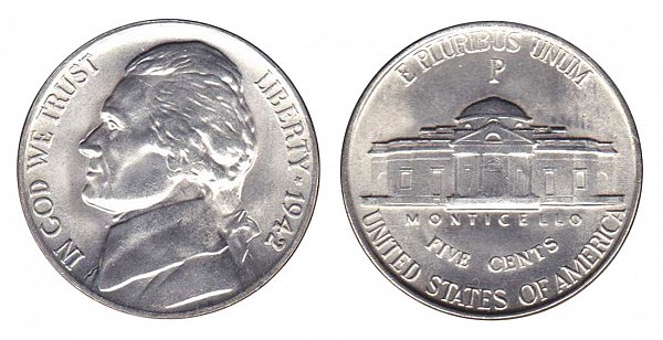 1942 P Wartime Jefferson Nickel - Silver War Nickel 