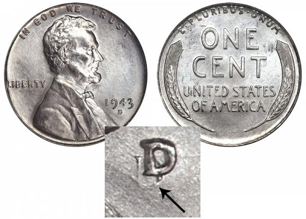 1943 D Boldly Doubled Mintmark Steel Wartime Lincoln Wheat Cent Penny 