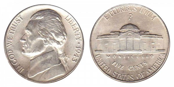 1943 P Wartime Jefferson Nickel - Silver War Nickel 