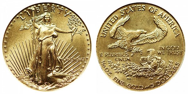 1991 Tenth Ounce American Gold Eagle - 1/10 oz Gold $5  - MCMXCI 