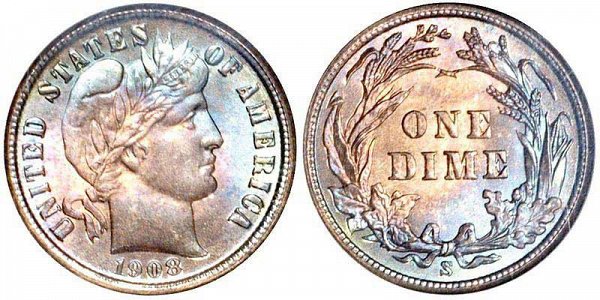 1908 S Silver Barber Dime 