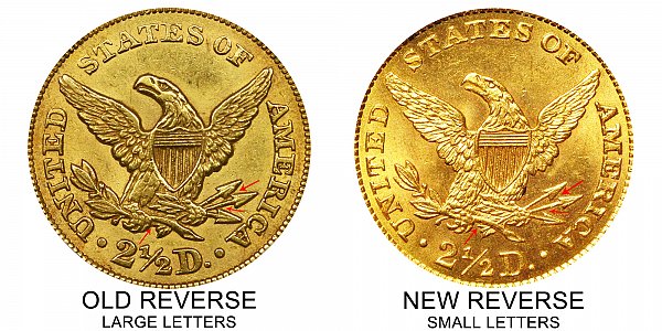 1859 Type 2 vs Type 2 Reverse $2.50 Gold Quarter Eagle - Difference and Comparison