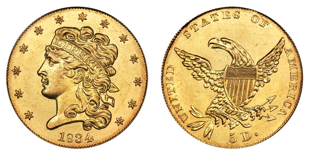 1834 Classic Head Gold $5 Half Eagle Crosslet 4 No Motto Coin