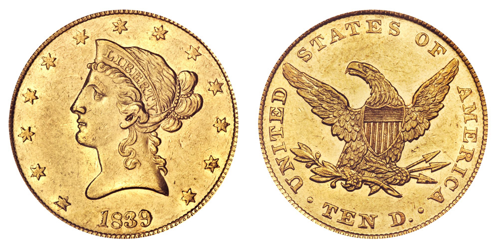 1839 Coronet Head Gold $10 Eagle Small Letters - Type of 1840 New